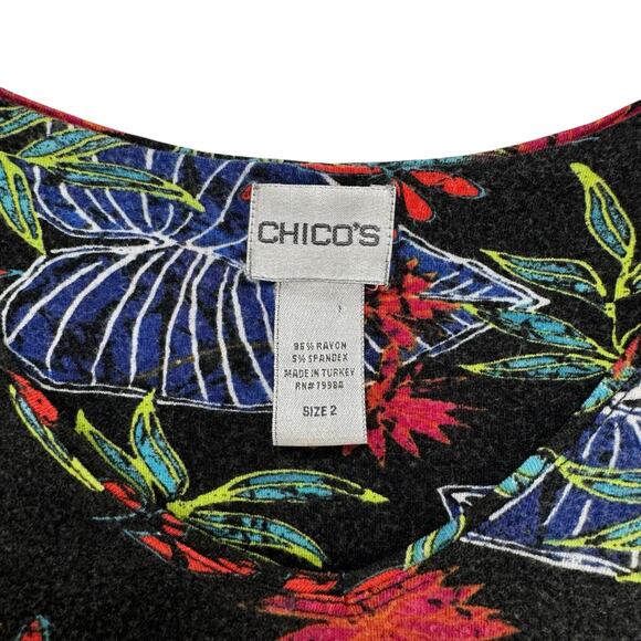 CHICOS Black Tropical Floral Rayon Blend 3/4 Sleeve Top Size Large (2) Pullover - Picture 6 of 11